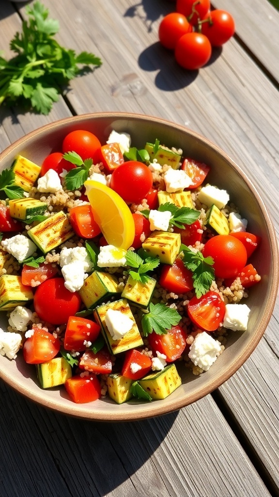 A colorful grilled zucchini and quinoa salad with cherry tomatoes and feta cheese, served in a rustic bowl.